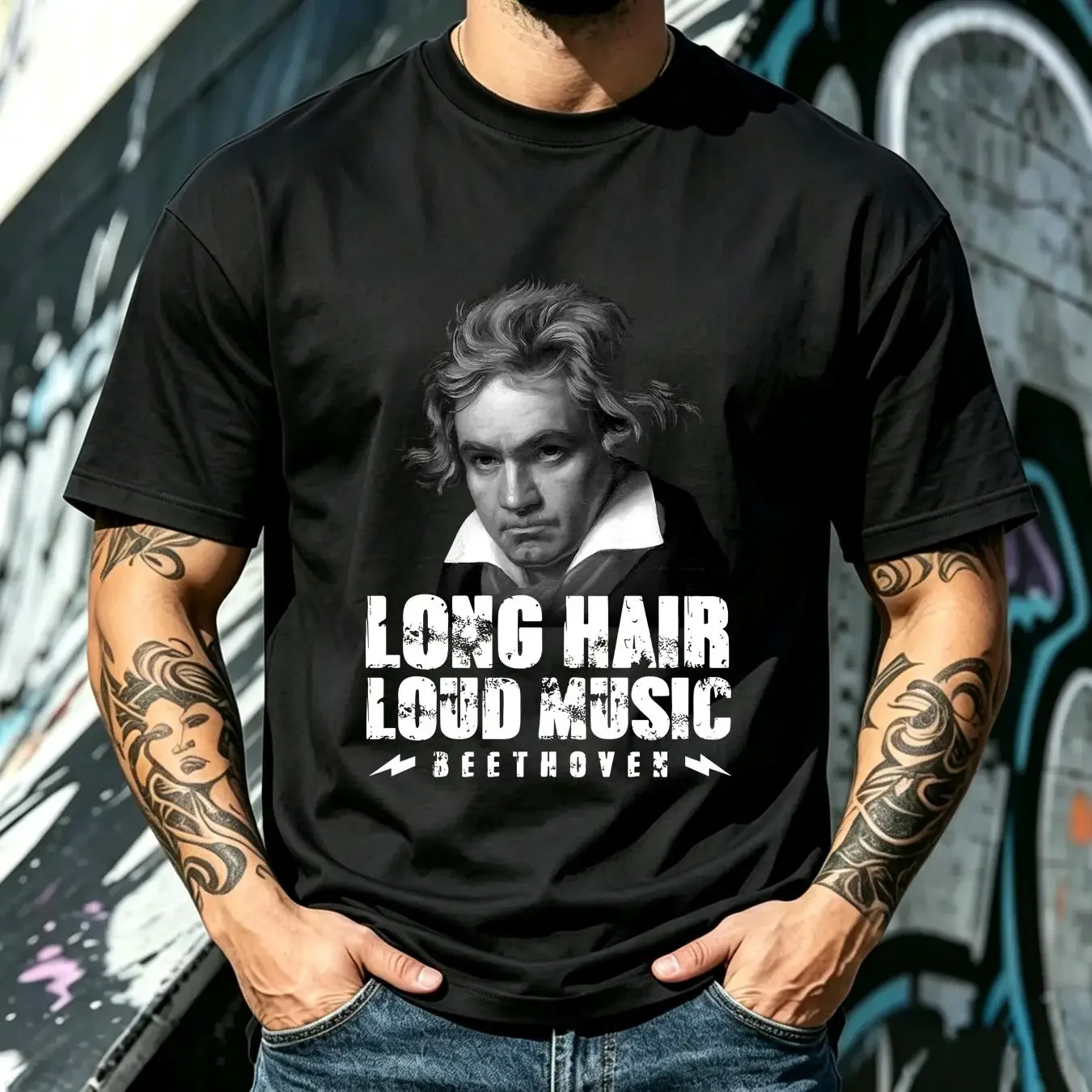 washed T Shirt Long Hair Loud Music Beethoven Classical Humor sleeves vintage Washed Stylish Stretched Comfortable homme