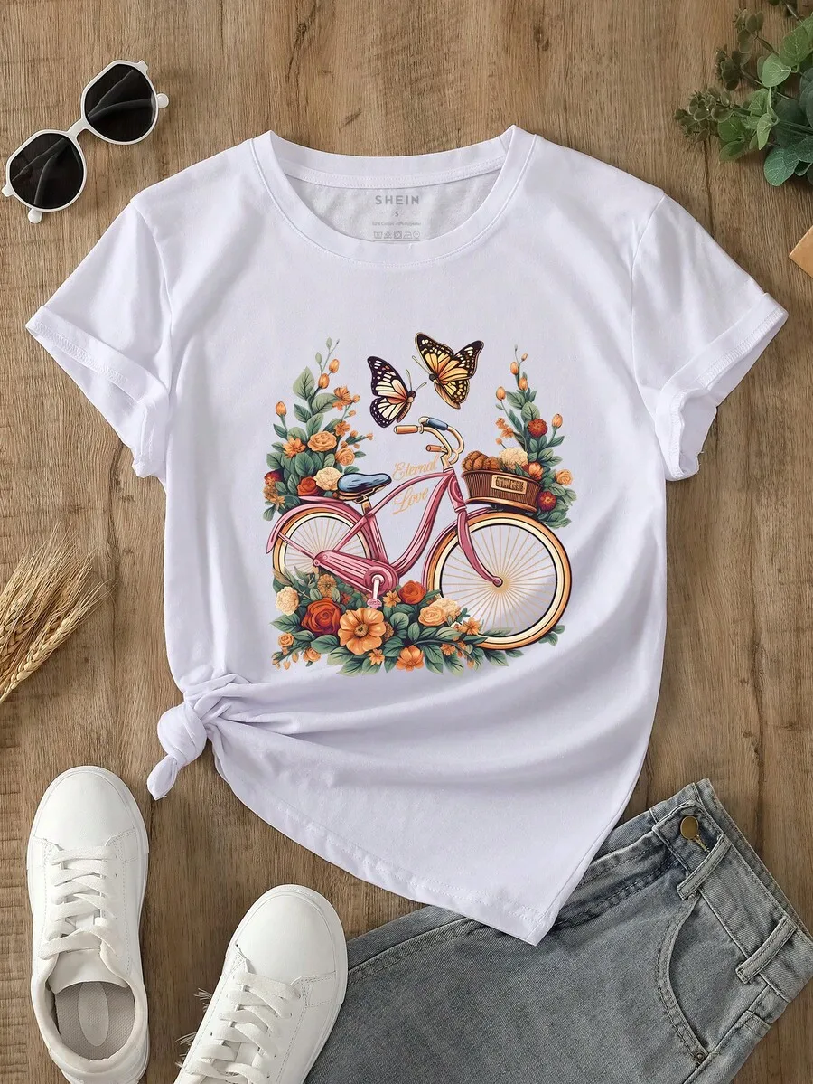 Women's Crew Neck Short‑Sleeve Graphic Tee, Floral And Butterfly Print, Fashion New Arrival, Casual Soft Everyday Top For Spring Summer ****