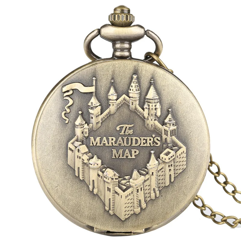 Bronze Gravado Castelo Mapa Padrão Quartz Relógio de Bolso para Homens e Mulheres, Corrente de Caçador Completo Relógio Relógio Relógio Retro, Suéter Colar