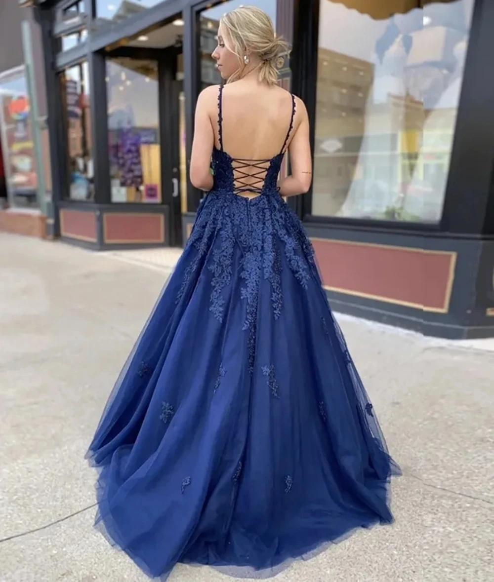 Navy Blue Prom Dresses Long Spaghetti Strap Lace up Back Appliques Formal Women Evening Gown Custom vestidos de fiesta 2024