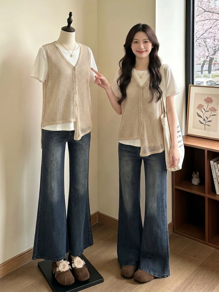 Red Hollow out Knitted V-Neck Tank Top Women's plus Size Summer New Style Uneven Layering Inner Wear Casual Fashion