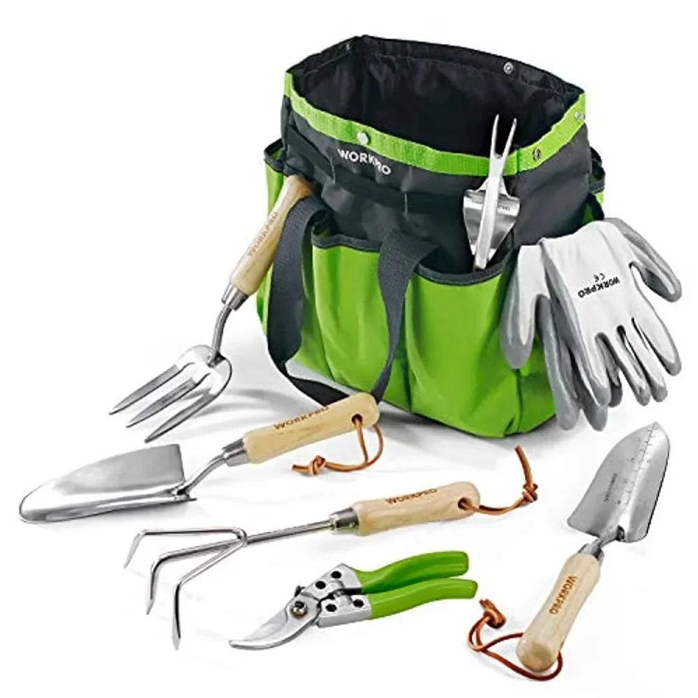 Garden Tools Set, 7 Piece Stainless Steel Heavy Duty Gardening Tools with Wooden Handle