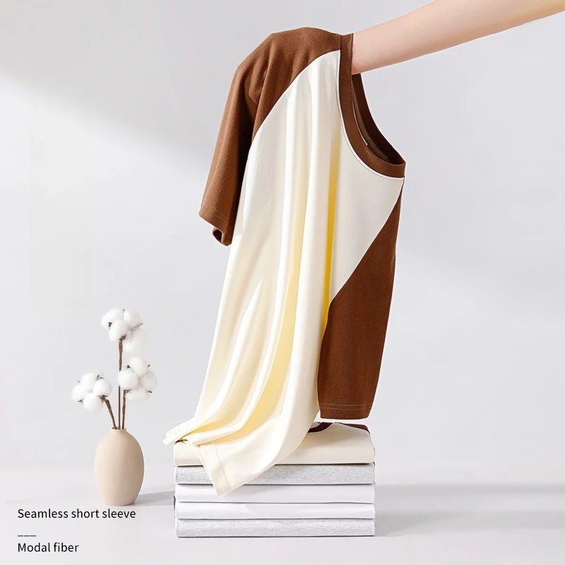 230G Threaded Cotton Shoulder Plug Contrasting Color Splicing Round Neck Loose Short Sleeve Comfortable T-shirt