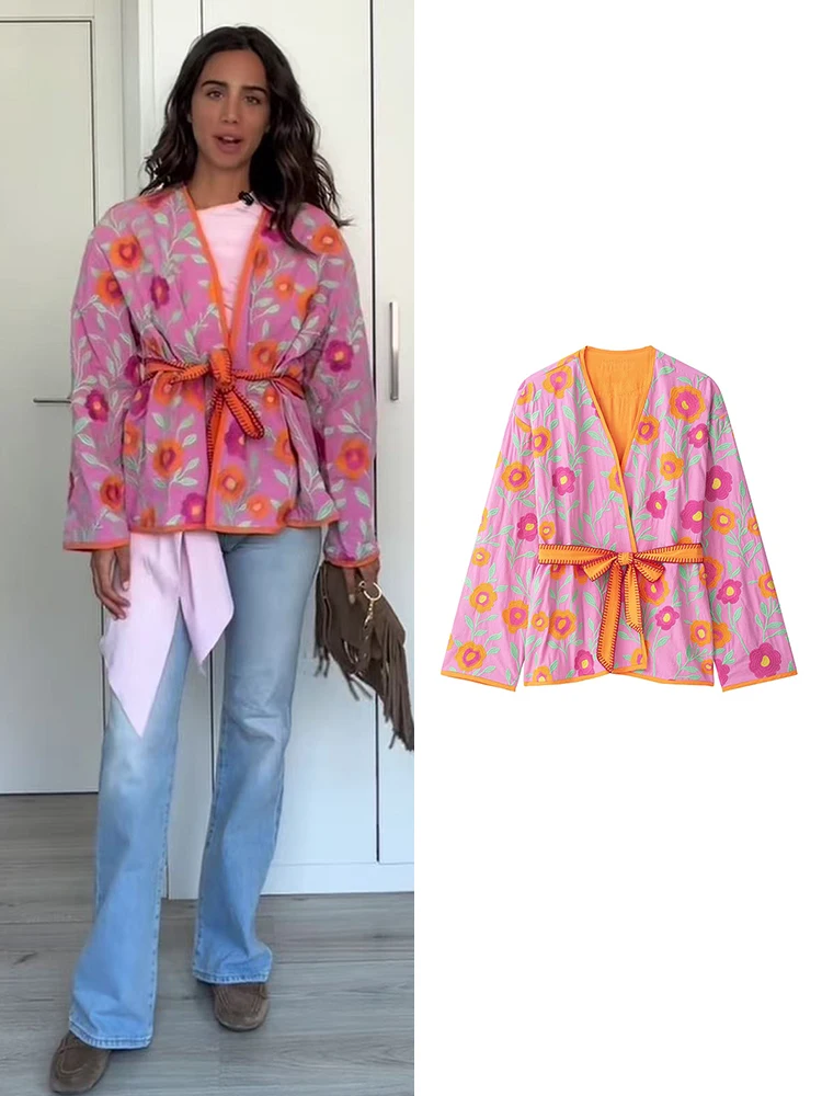 TFMLN New Women's Flowers Embroidered Coats V-neck Long Sleeve With Belt Jackets Autumn New Fashion Casual Ladies Outerwear