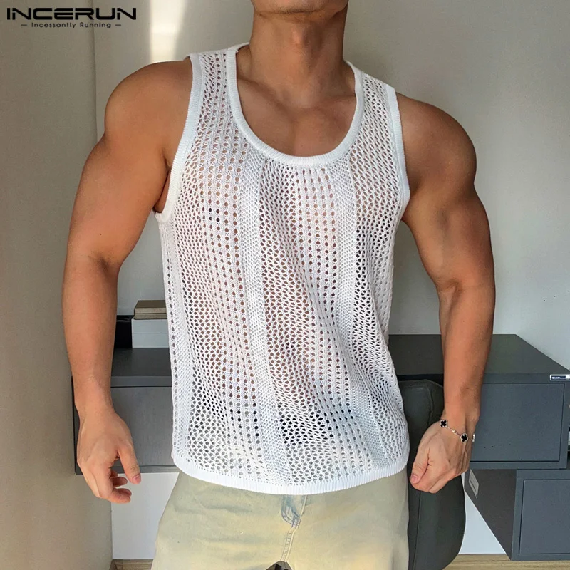 2024 Men\'s Tank Tops Mesh Transparent Summer Solid O-neck Sleeveless Male Vests Streetwear Fashion Men Clothing S-5XL INCERUN