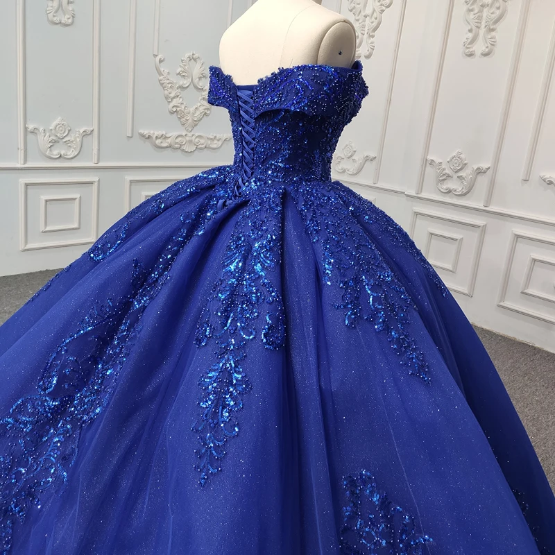 Exquisites romantisches Quinceanera-Kleid für Mädchen, blaues, trägerloses, schulterfreies Ballkleid mit Schnürung und Pailletten