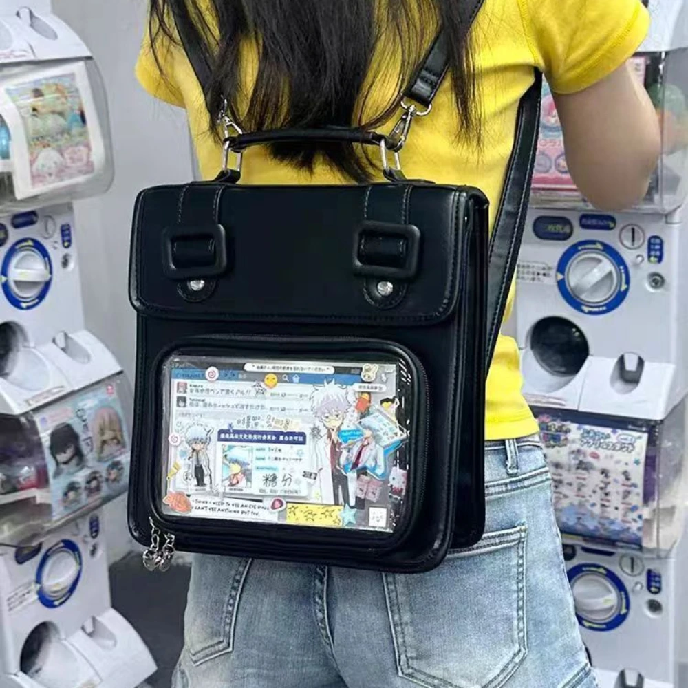 PU Handbag Vintage Female Square Shoulder Bags Student Backpack Large Capacity Transparent Itabag Black White Casual Bolso