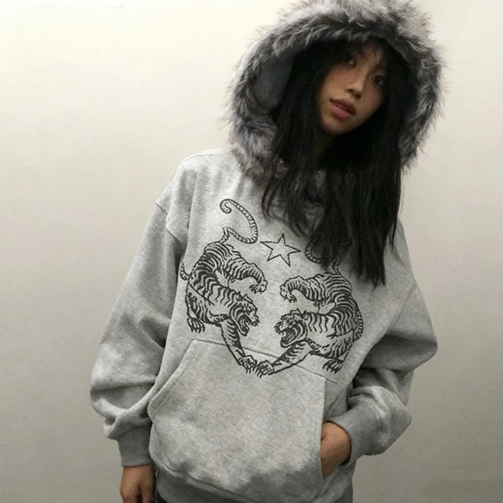 High Street-Sudadera con estampado geométrico para mujer, gorro de felpa, jersey gótico, sudaderas con capucha de gran tamaño para mujer y2k, novedad de invierno, sudadera holgada Harajuku Hip-Hop