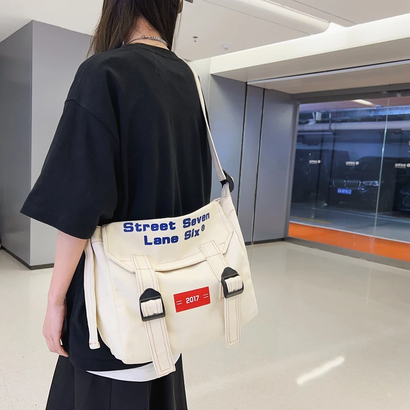 Letter Canvas Women\'s Bag Black Handbag High Capacity Shoulder Cross Bags Eco Bag Korean Shopper Messenger Bag Y2K Satchel Murse