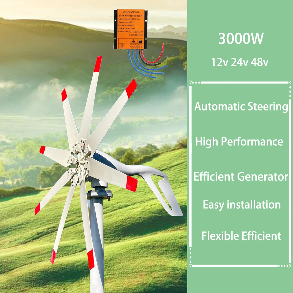 5000W 4000W Low Noise High RPM 3Blades 5Blades Horizontal Wind Turbine Electric Power Generator 48V Complete Set For Homeuse