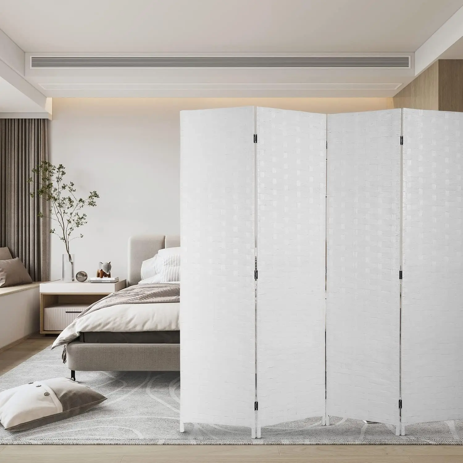 Wood Room Divider 4 Panel Folding Screen for Home Office with Woven Mesh Design