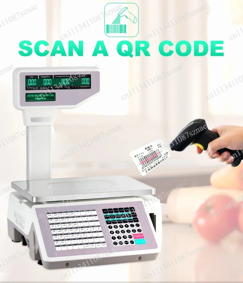 English Version Barcode Label Printing Scale with Sticky Labels, High Accuracy Weighing for Supermarket and Retail Use