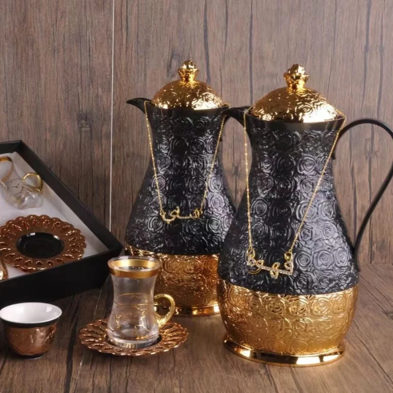 Royal Arab glass liner carefe porselen, cangkir cawa 1L set ketel kopi teh dallah panci vakum kopi Arab