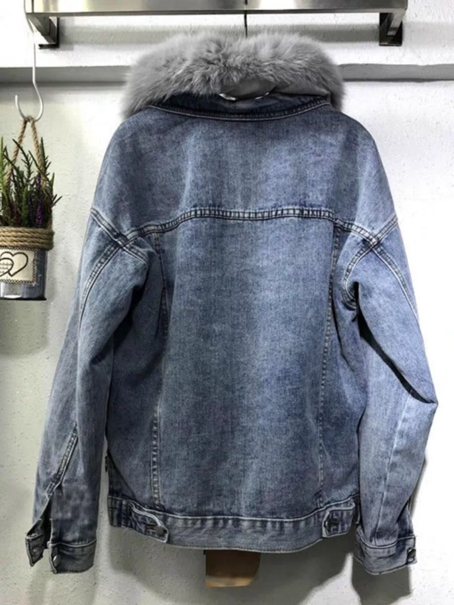 

Denim Coat Black Sexy Fur Plush Womens Autumn Slim-Fit Elegant Academy Style Daily Office Anti-Wrinkle Fleece-Lined Standneck OL