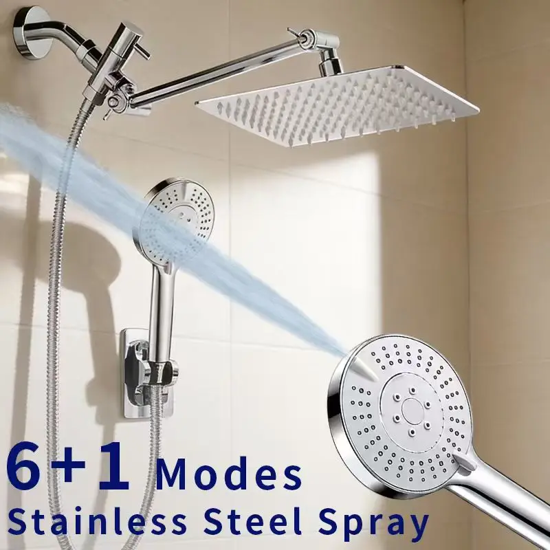 Stainless Steel 8 Inch Overhead Showerhead 7 Modes With Extension Arm Multi-function Hand Shower Wall Mounted Showerhead Set