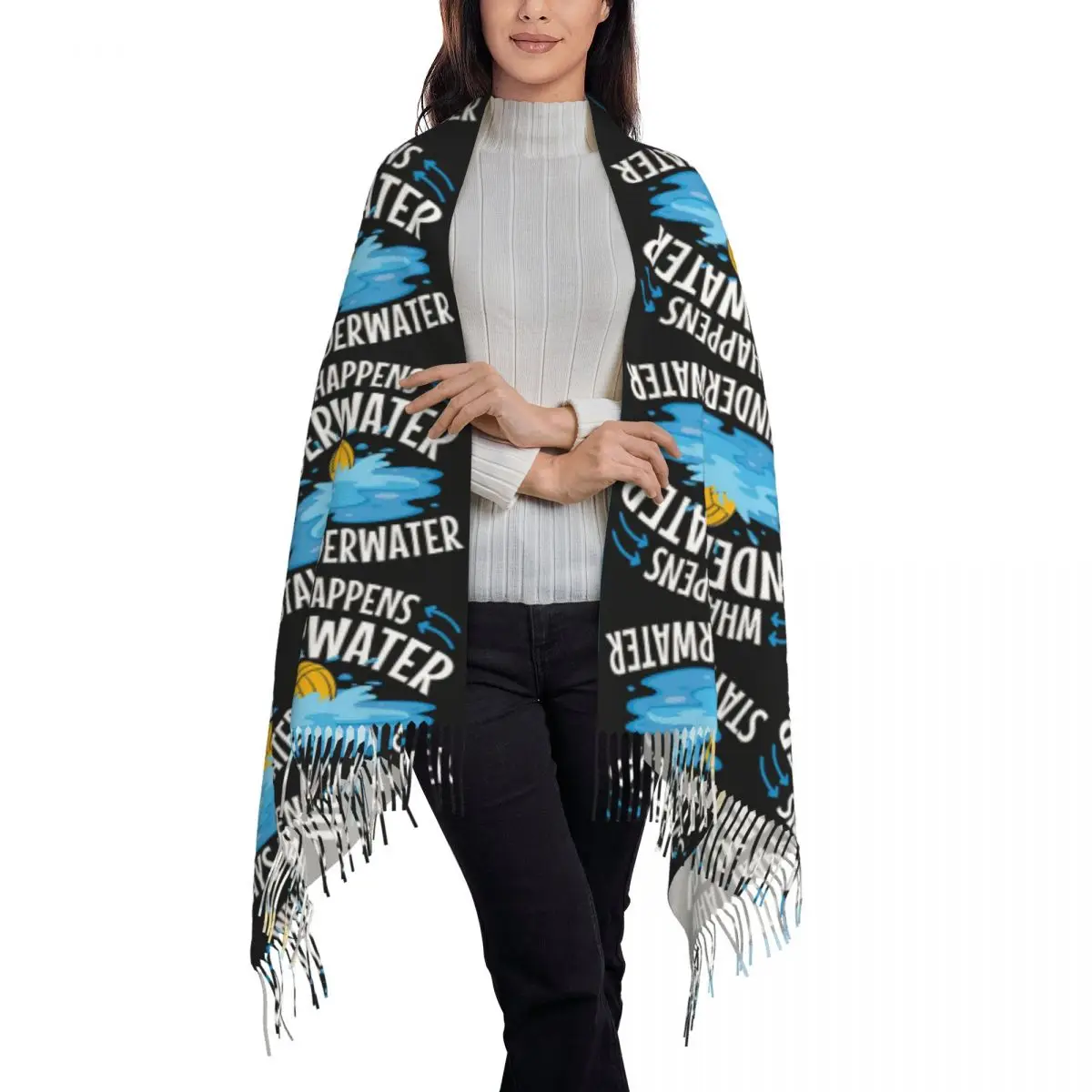 Water Polo What Happens Underwater Stays Underwater Scarf Tassel Scarves for Women Warm Shawls and Wraps Fall Winter Shawl Wrap