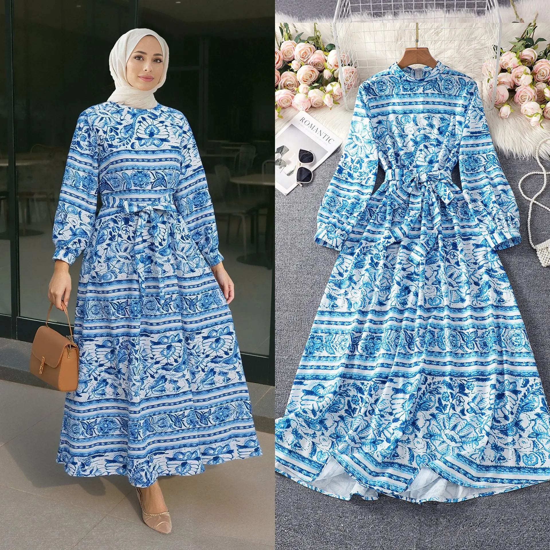 

Ид платье Абая женский кафтан платья с принтом мусульманский арабский длинный халат с поясом Джалабия Рамадан Марокко Дубай Абая ислам Vestidos