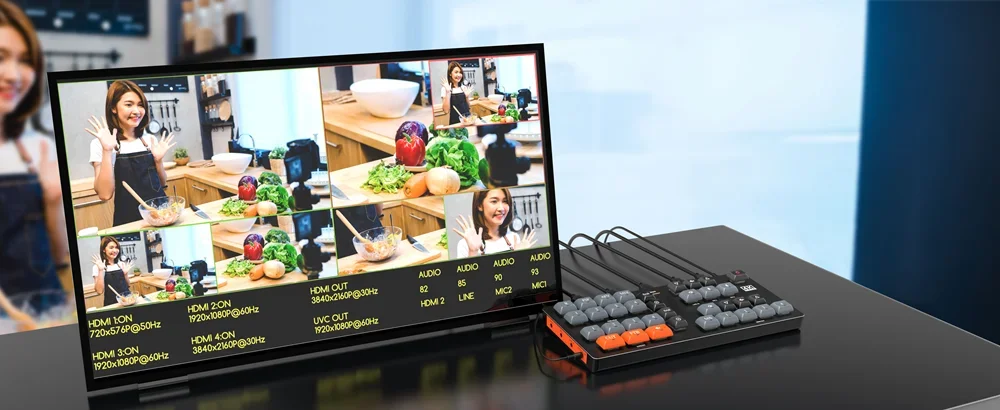 

2025 4K Wireless Audio Transmitter 4-Channel Video Switcher for HD VGA Outputs Live Streaming