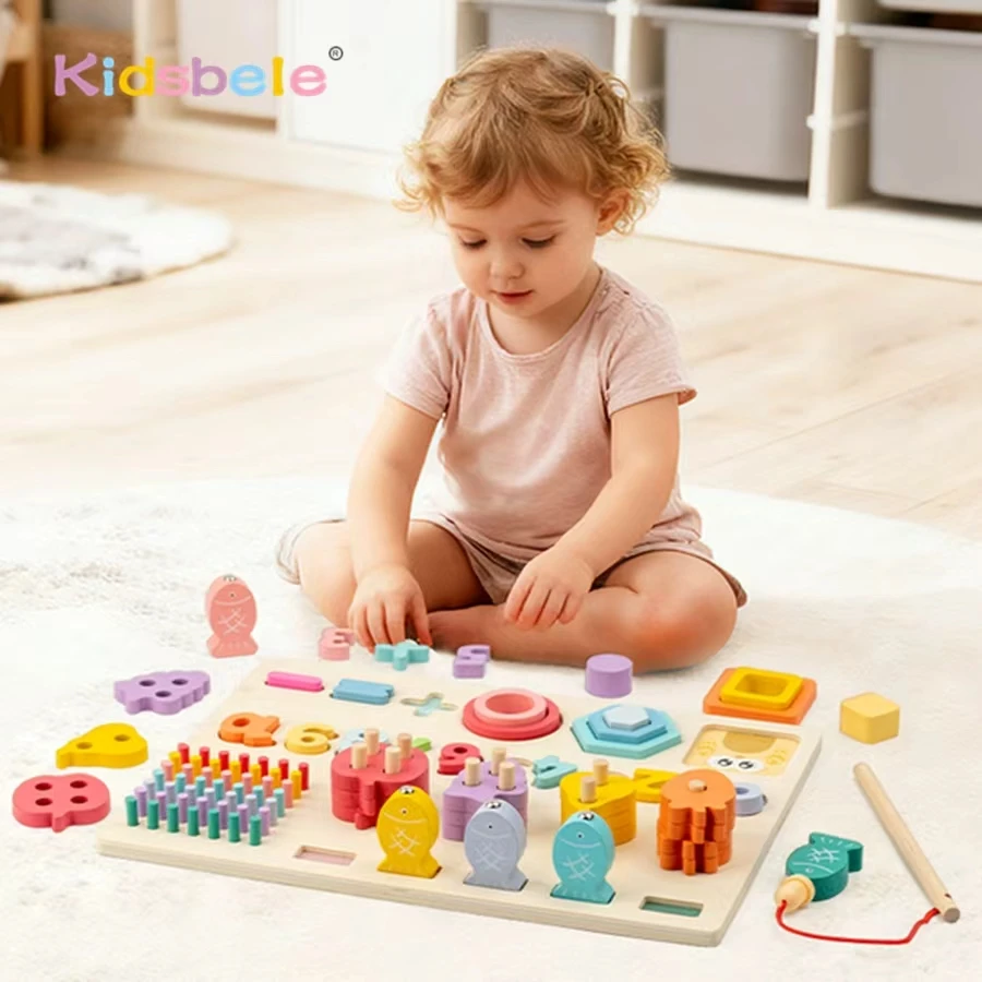 Montessori forma de madeira número correspondência bloco de construção brinquedos 5 em 1 cor fruta cognição brinquedo de pesca habilidade motora fina jogo de tabuleiro