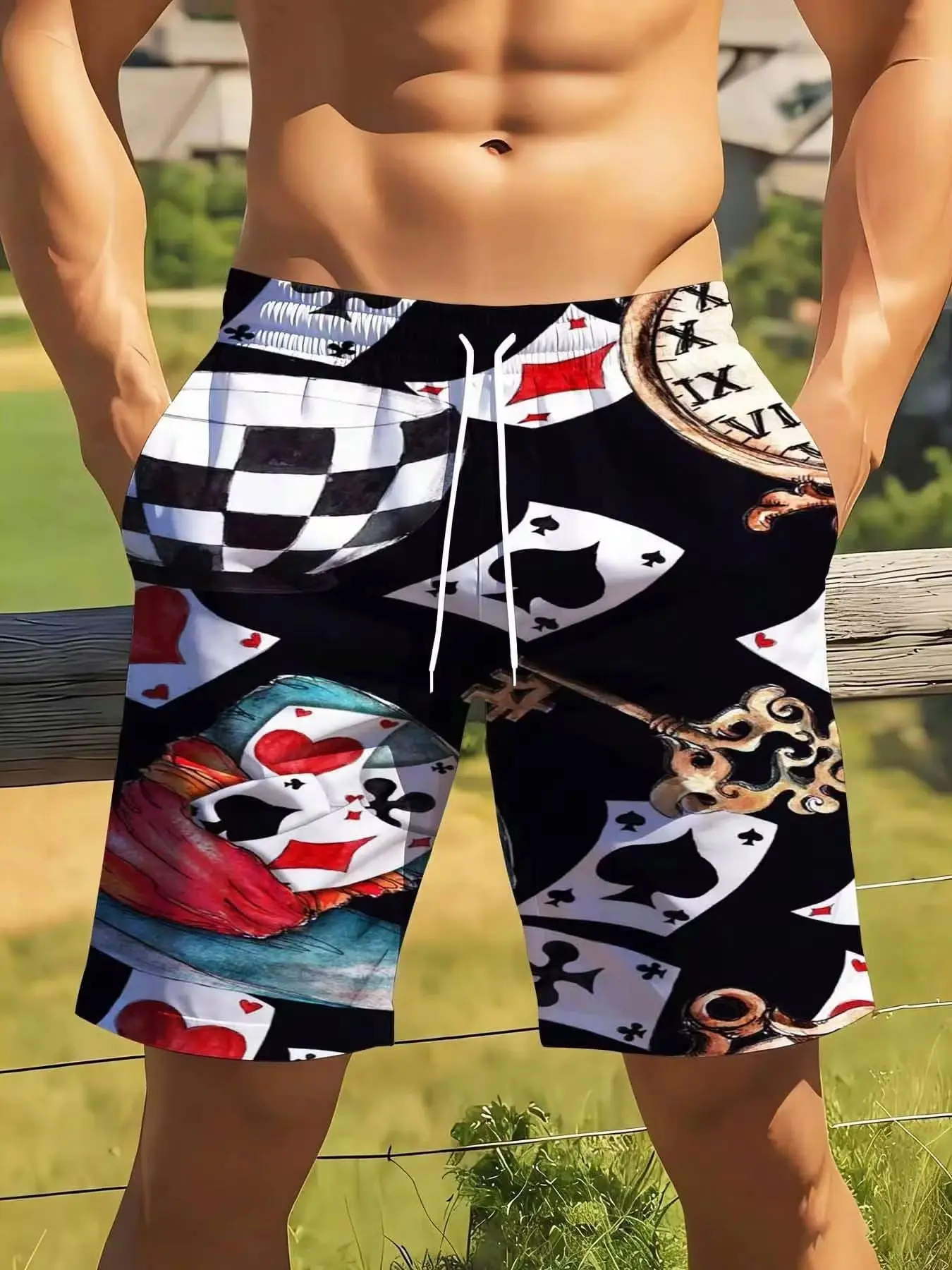 Casual Poker Card Print Swim Trunks For Men