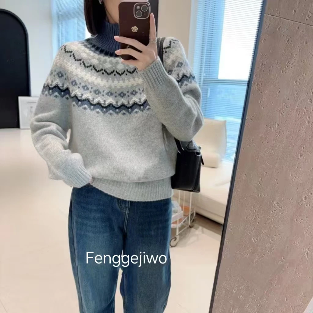 Fenggejiwo women's casual sweater seamless one-piece jacquard high neck knitted sweater wool jacquard base knitted sweater