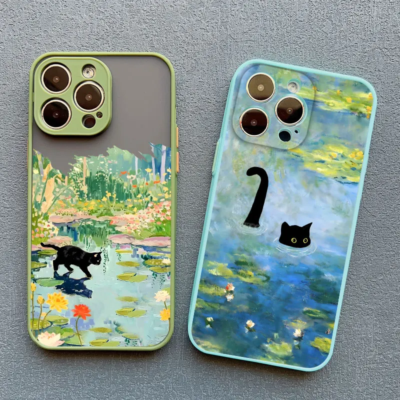 Anime Landschaft Malerei Nette Katze Telefon Fall Für iPhone 17 16 15 14 Pro Max Plus 11 12 13 Mini Pro max Stoßfest Zurück Abdeckungen
