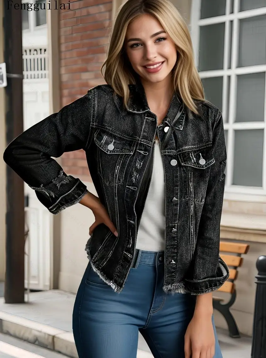 Ladies Distressed Ripped Denim Coat Black Washed Raw Edge Frayed Hem Lapel Long Sleeve Button Up Casual Jean Jacket