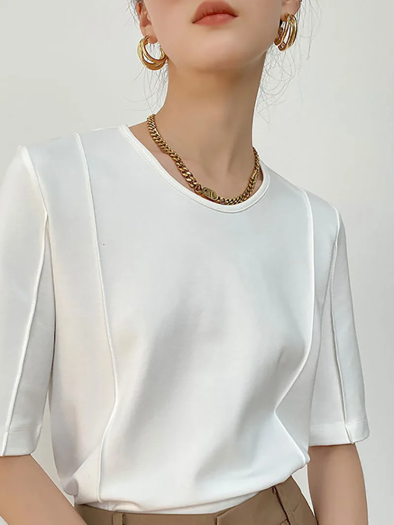 White Round Neck Short Sleeve Comfortable Cotton T-shirt Women\'s 2024 Summer New Simple Commuter Top