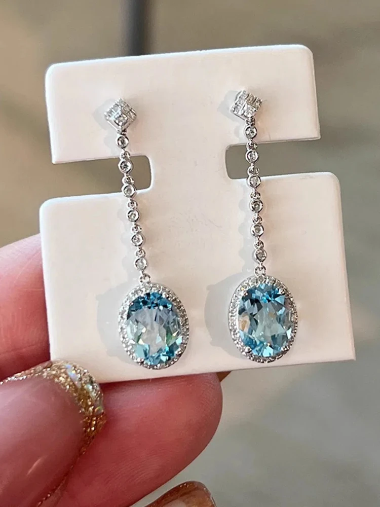 

S925 Sterling Silver Women's Stud Earrings Oval Aqua Blue Zircon Ear Hanging Jewellery for Women Daily Wear Holiday Party Gifts