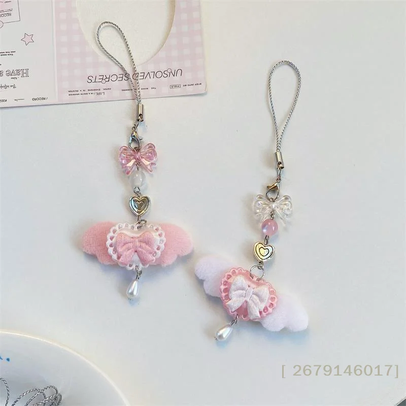 【YY26】Cordão de Telefone com Laço de Asas de Anjo Fofo e Doce, Chaveiro, Pingentes, Corrente Anti-Perda para Celular, Enfeites para Bolsa, Berloques para Celular