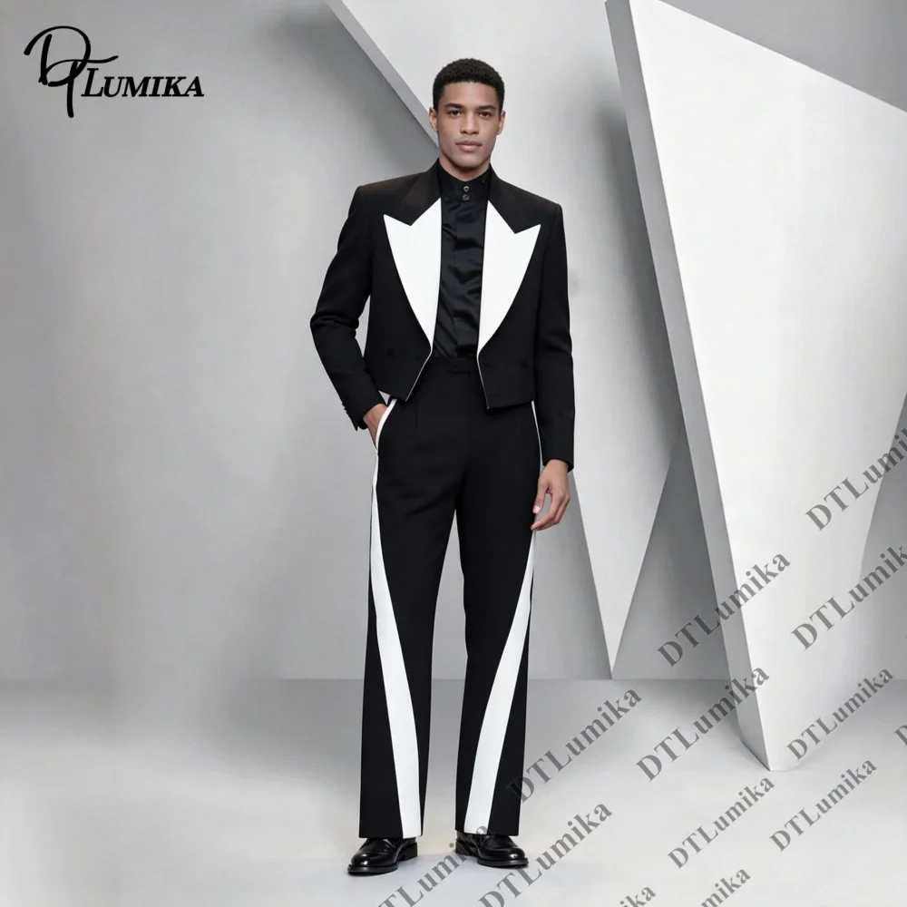Modern Stylish Black White Contrast Men 2 Piece Suit Cropped Blazer Pants Fashion Formal Wedding Prom Party Stage Show Outfit