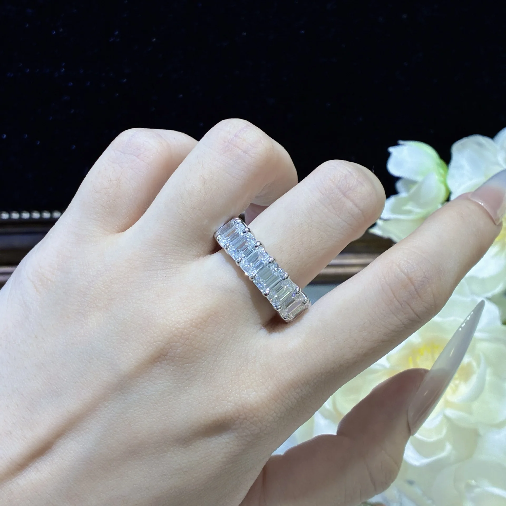 

925 Silver Gold Plated Moissanite Full Diamond Ring, Emerald Cut Ice Sugar Row Band, Timeless Classic Fashion Jewelry