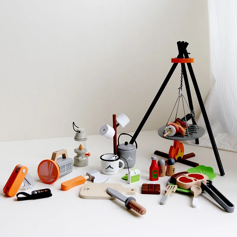 Ensemble de jeu de Simulation de Camping en bois pour enfants, pique-nique en plein air, barbecue, Simulation de feu de camp, jouets de cuisine, cadeau d'anniversaire pour enfants