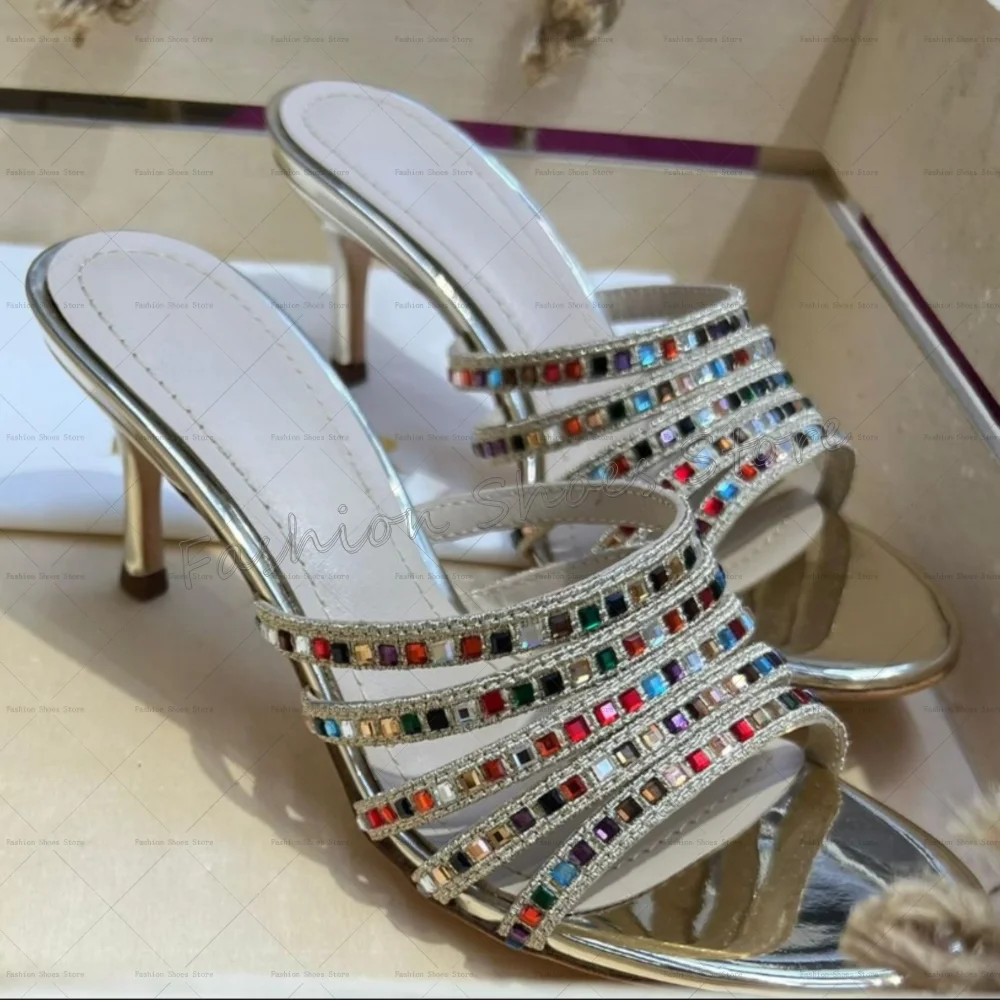 

Mixed Color Crystal Round Toe Silver Slippers Women Shoes Stilettos High Heels Party Banquet Dating 2025 Zapatos Para Mujere