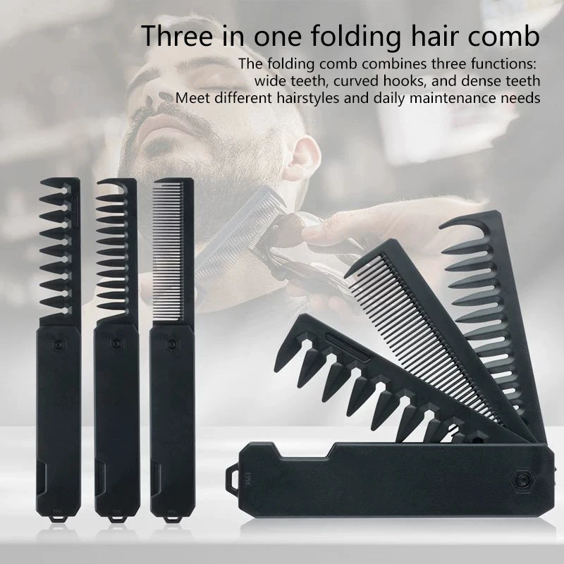 XH 3 In 1 Pocket Folding Combs Wide Tooth Oil Head Comb Beard Combing Barber Hair Clipper Comb Salon Hair Styling Tool