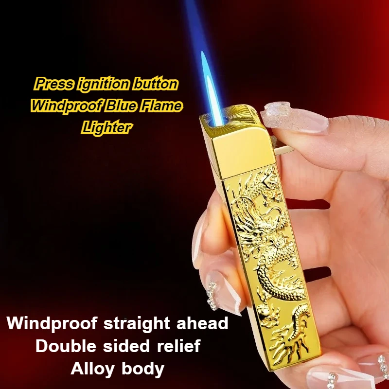

New Fashion Double sided Embossed Metal Blue Flame Lighter Outdoor Windproof Inflatable Cigarette Lighter Men's Cigarette Gift