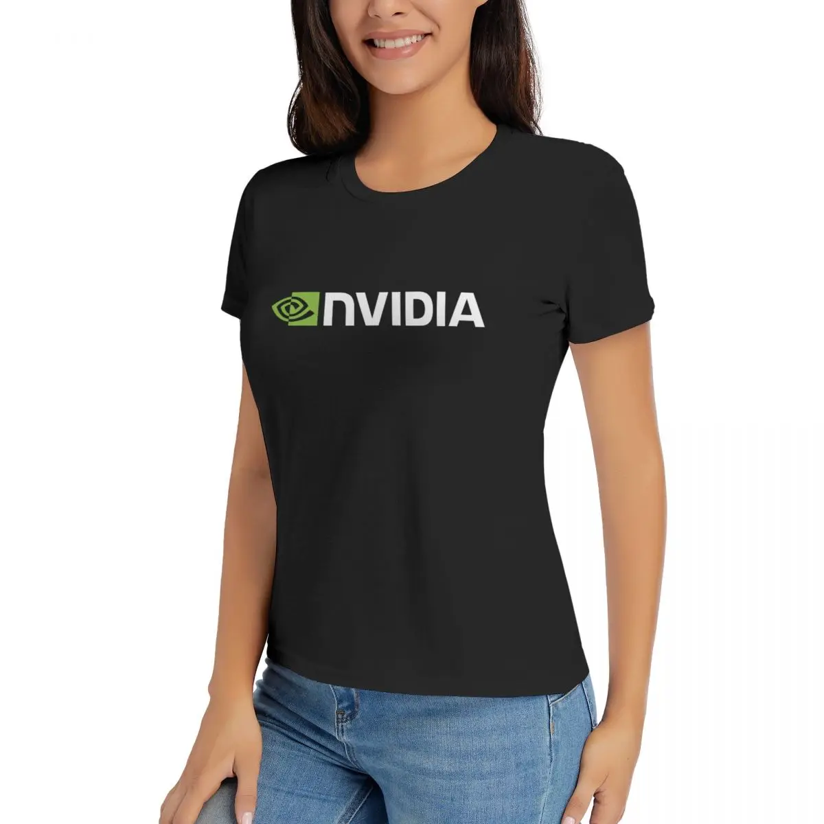 Camisetas de algodão de manga curta Nvidia para mulheres, O-Neck Tops