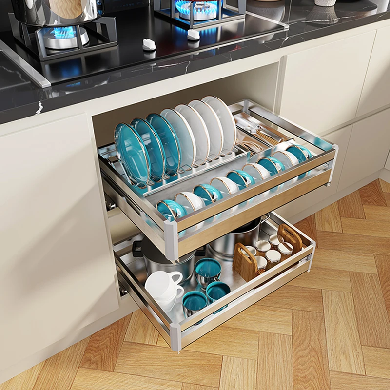 sv-Stainless Steel No Finger Print Kitchen Drawer Basket Kitchen Design Pull Out Storage Basket in Cabinet！