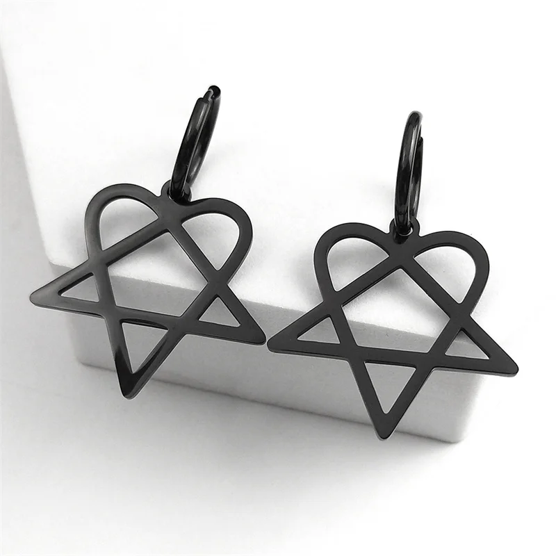 Goth Heartagram Star Dangle Hoop Earring Women Stainless Steel Black Color Rock Music Band HIM Fans Earrings Jewelry E2613S03