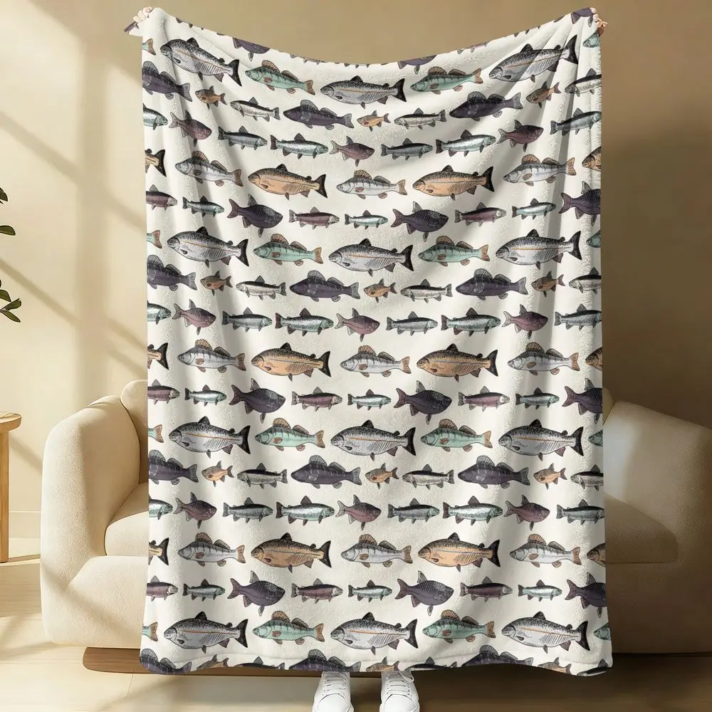 

Fish Print Flannel Blanket Soft Throw Blanket for Sofa Bed Living Room Camping Travel Cozy Gift Blanket for Men Women Kids