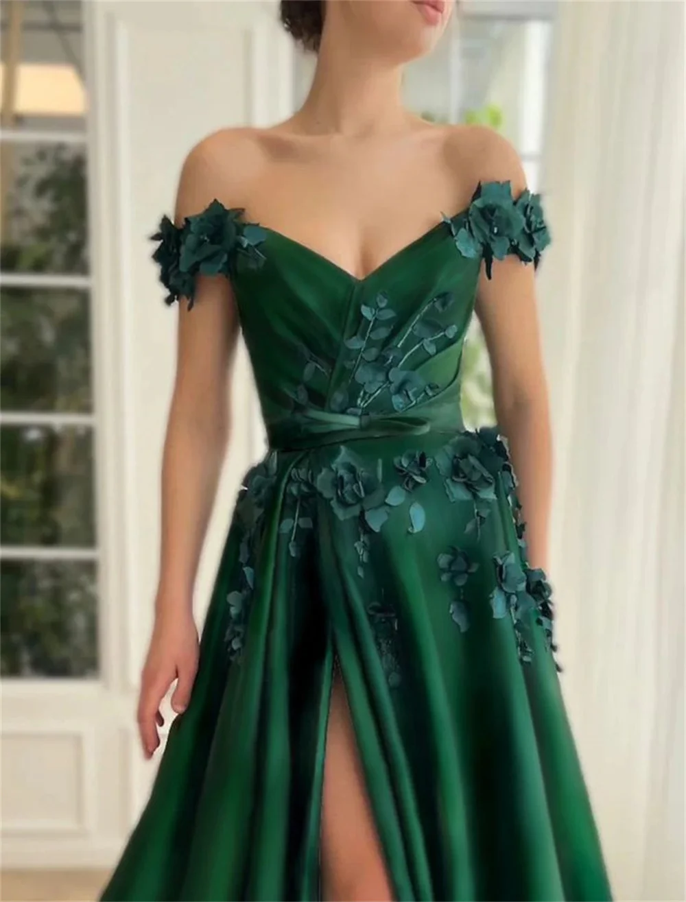 Amanda Green Satin Prom Gown Off the Shoulder A-line Evening Formal Elegant Sleeveless Floor-Length Side Split Party Dresses