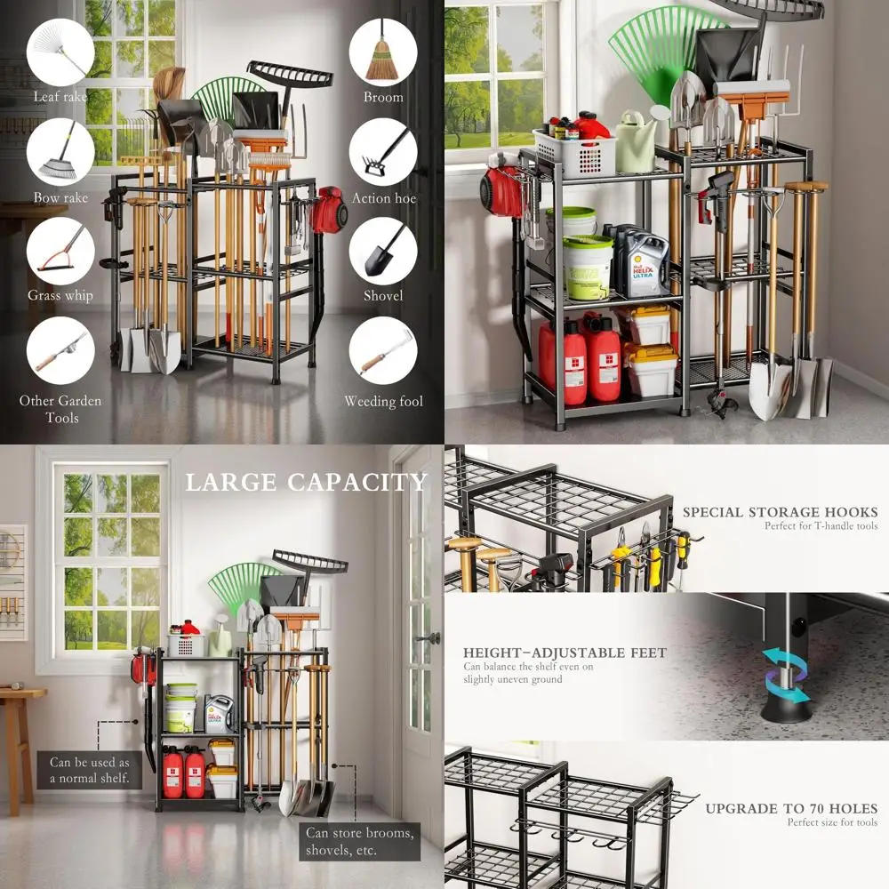 

Сверхмощный металлический стеллаж для хранения садовых инструментов с 2 крючками, вмещает до 70 инструментов с длинной ручкой, для использования на открытом воздухе/гараже (черный)