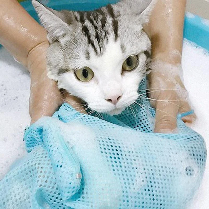 Mesh Cat Grooming borsa da bagno gatti regolabili sacchetti di lavaggio per rifilatura di unghie per animali domestici iniezione di ritenuta per