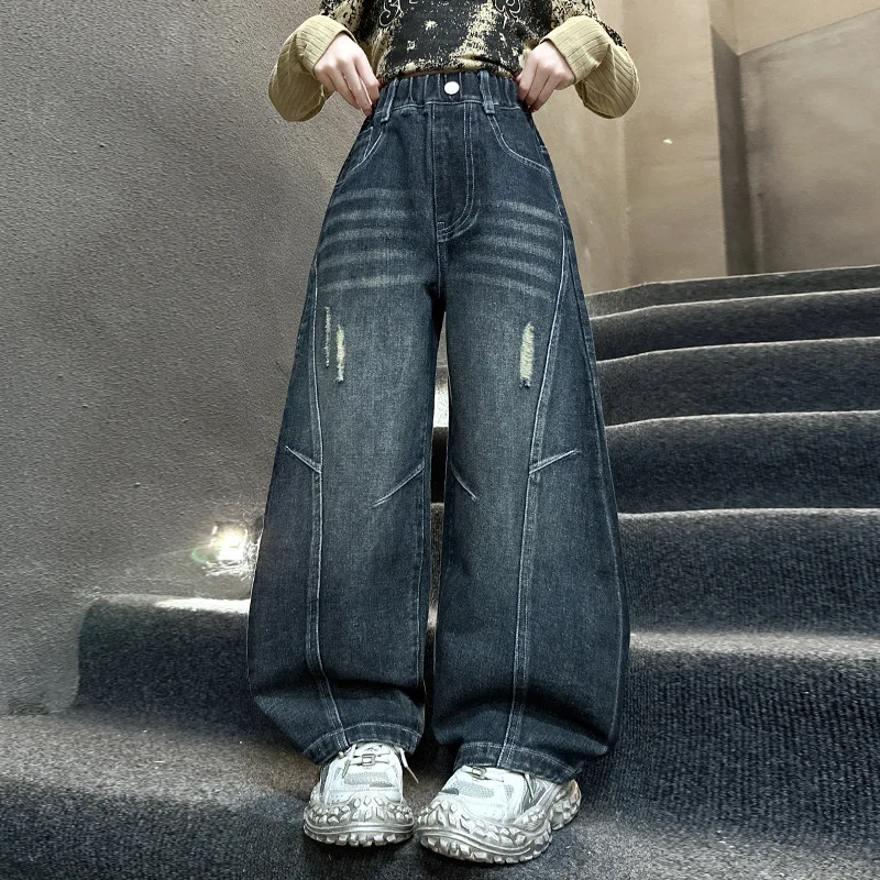 

Джинсовые брюки для девочек-подростков, осенние однотонные шаровары в стиле ретро для девочек-подростков, свободные рваные брюки с эластичной резинкой на талии для школьниц