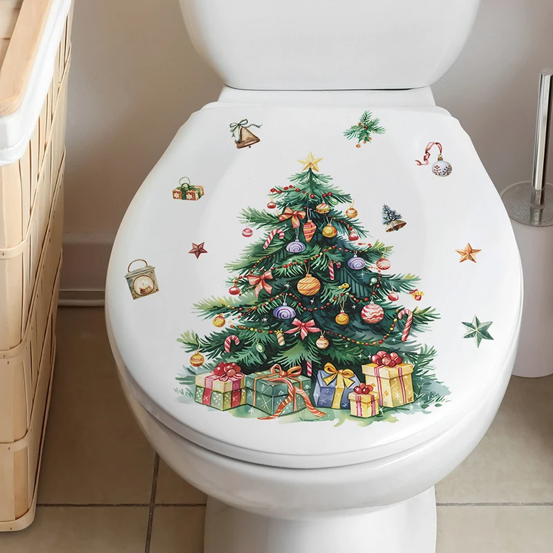 Christmas Tree Snowman Toilet Stickers Self-adhesive Waterproof Door Window Sticker Bathroom Glass Wall Decals Wallpaper Decor