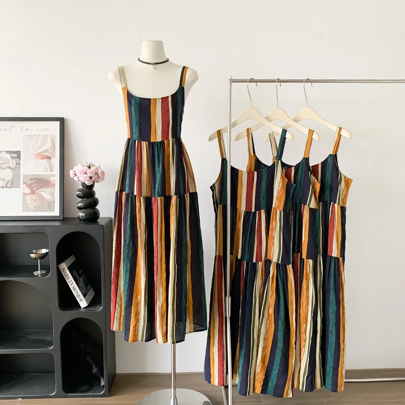 

Пляжное платье Vaion Long Stripe Dr для женщин, летнее, с открытыми плечами, из смеси хлопка и полиэстера, удобное, повседневное, средней длины