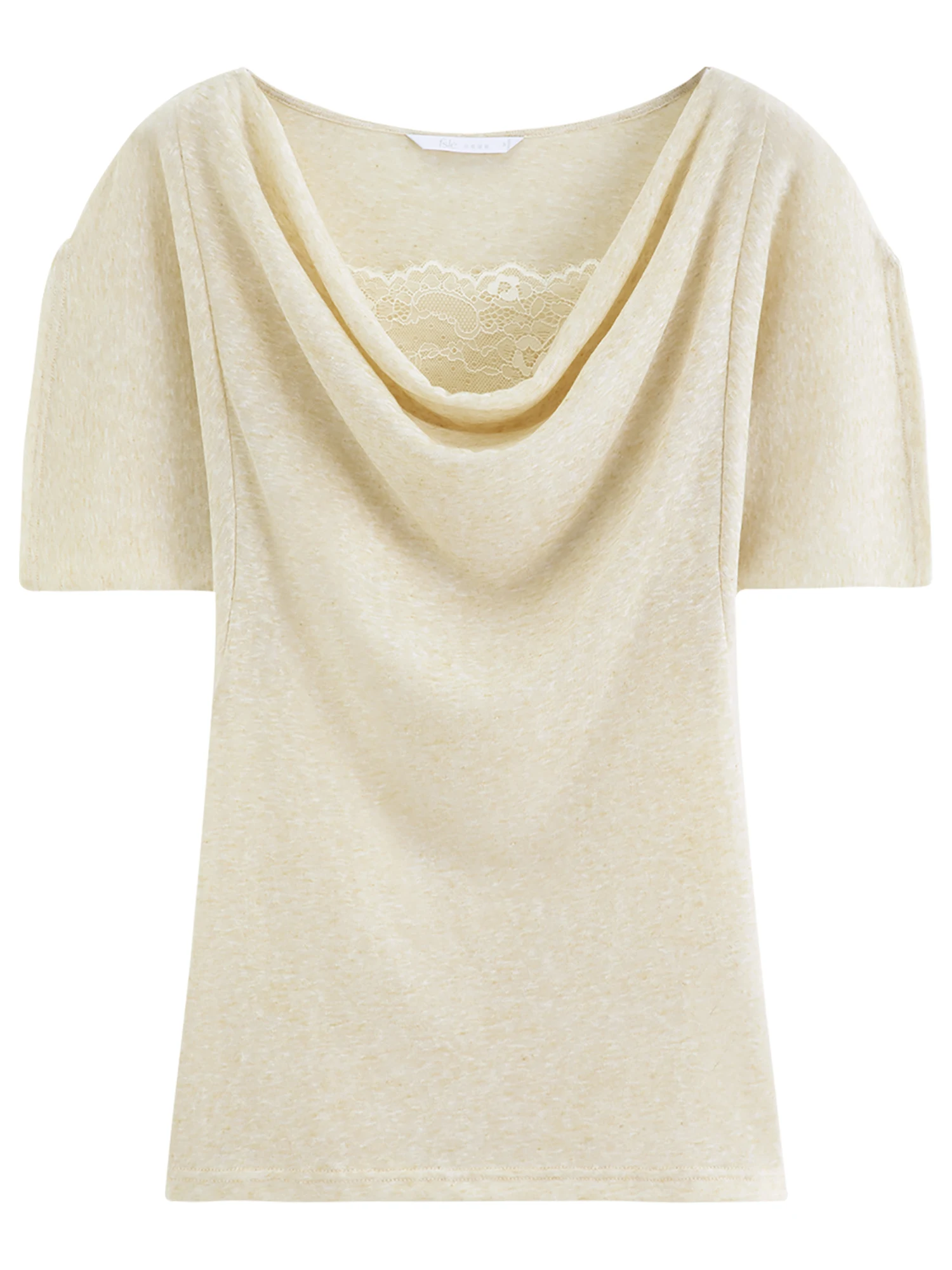 FSLE Elegant Slim-fitting Linen Short-sleeved T-shirt Swing Collar New Summer Style for Women 2026 Lace Patchwork Design