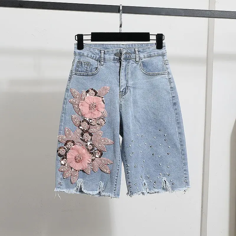 

Women Denim Shorts High Waist 3D Sequins Flowers Straight Knee Length Short Pants 2024 Summer New Fashion