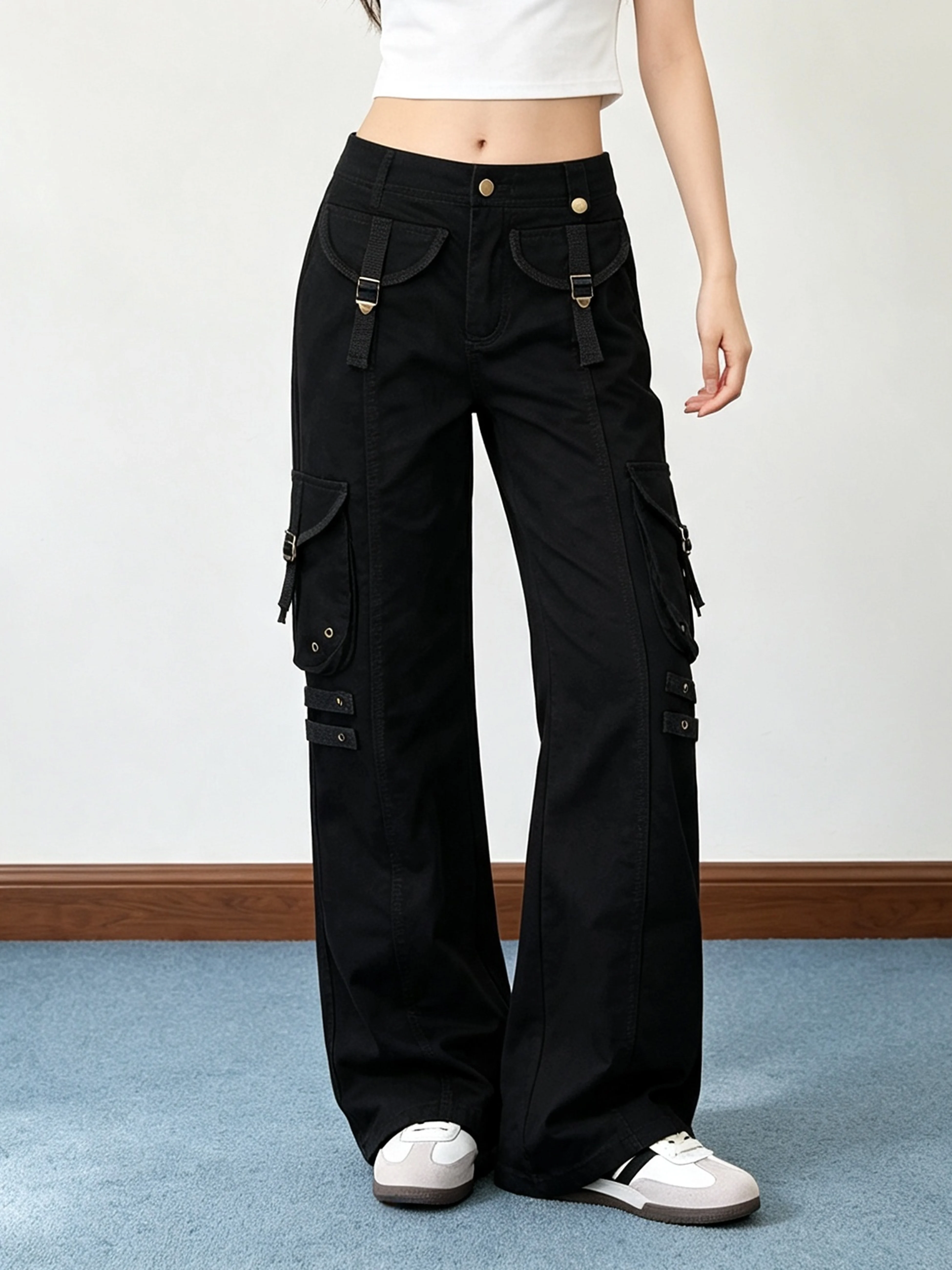 Street Style Workwear Flared Pants Women's Metal Buckle Weave Belt Pocket Design Floor-Length Trousers Casual Cotton Natural ...