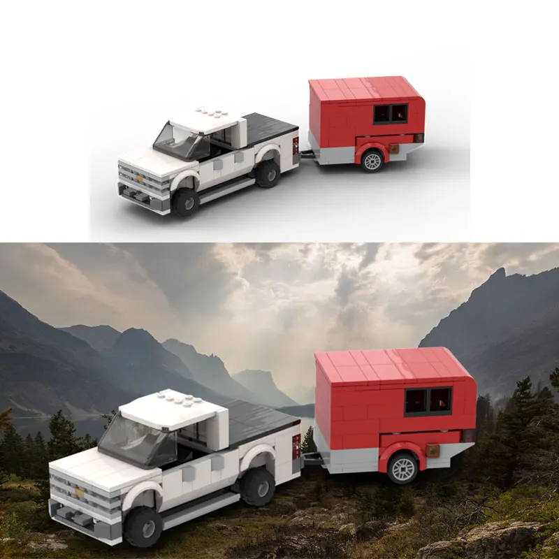 

398-piece small particle building blocks MOC pickup truck and trailer model toy travel vehicle gift set